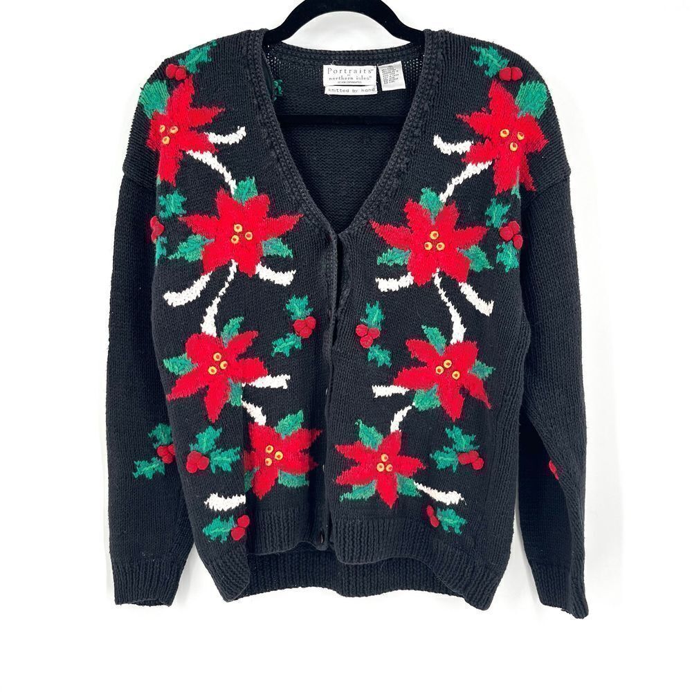 Vintage Northern‎ Isles Christmas Cardigan Sweater Poinsettia & Mistletoe medium
